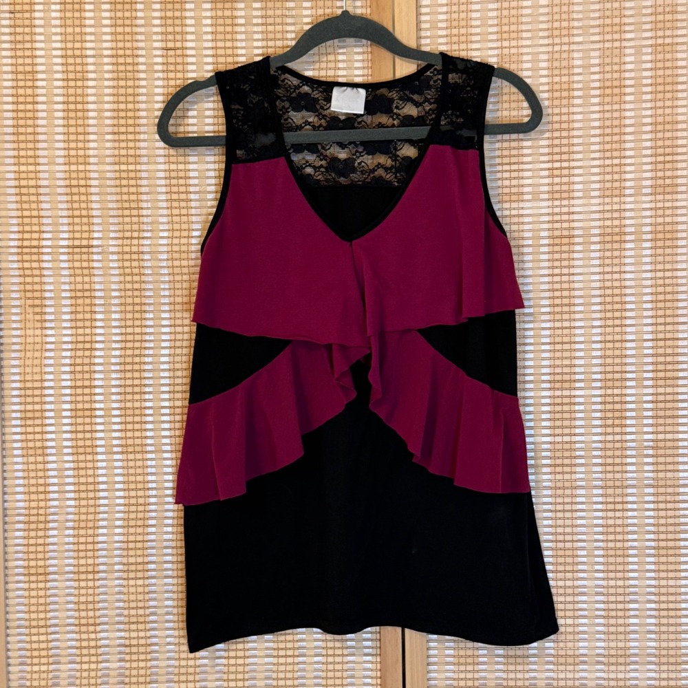 Womens 2X Tank Top Black Burgundy Ruffle Lace V-Neck Sleeveless Boho Workout